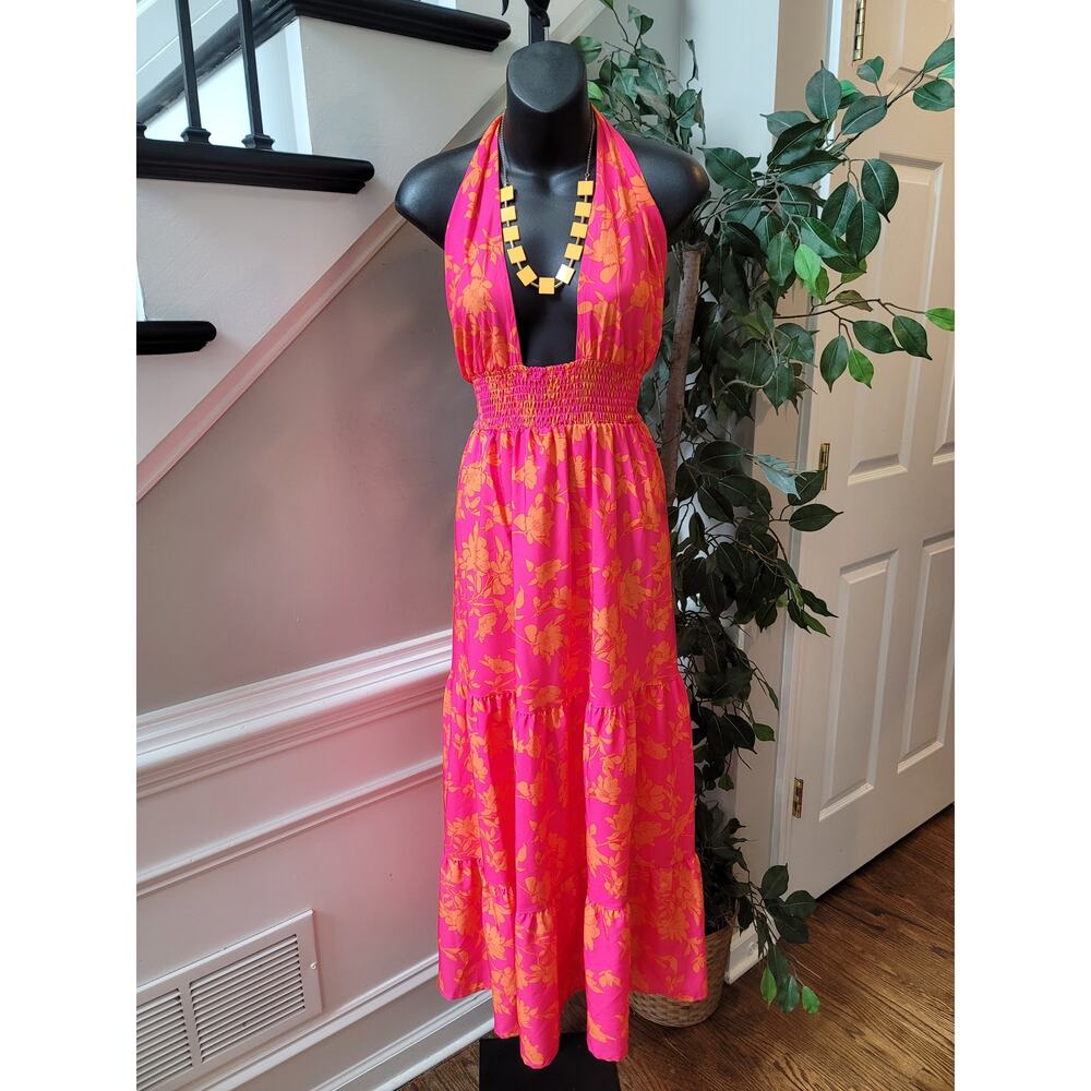 SHEIN Maxi Dress Women Medium Pink Orange Floral Halter Boho Beach Sundress